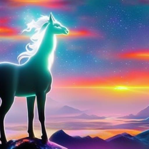 Unicorn Rising in Morning Mist, Cosmic Illustration