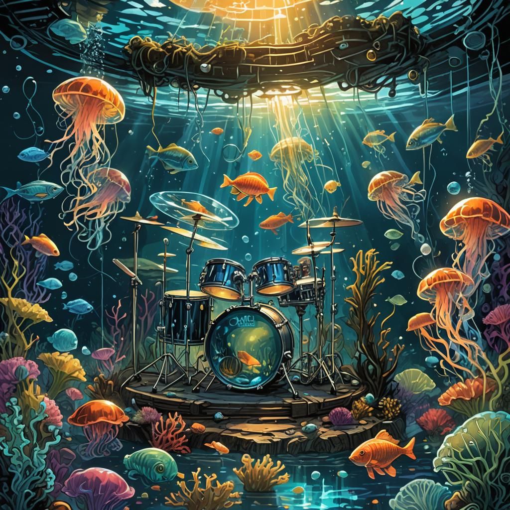 Underwater Drum Set in Comic Book Style