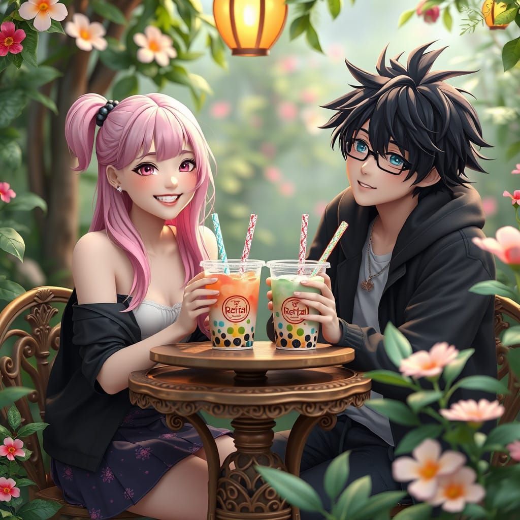 Whimsical Garden Gathering in Anime Style