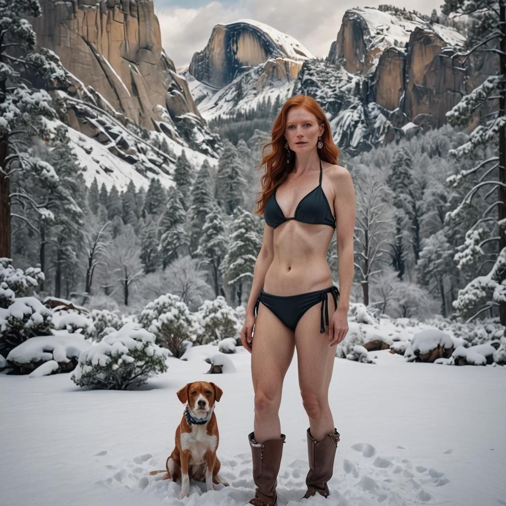 Redhead in Bikini Stands in Snowy Yosemite