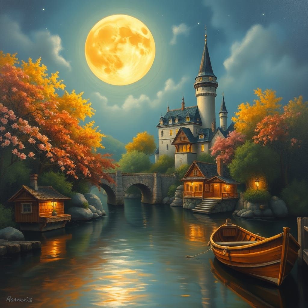 Riverside Castle Under Giant Moon: Dreamlike Oil Painting