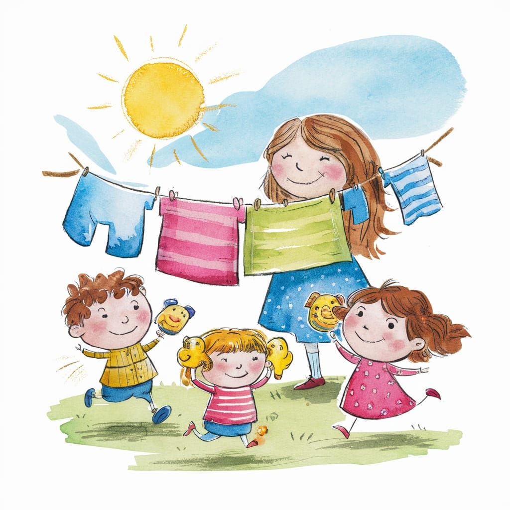 Cheerful Laundry Day: Watercolour Cartoon Family Fun