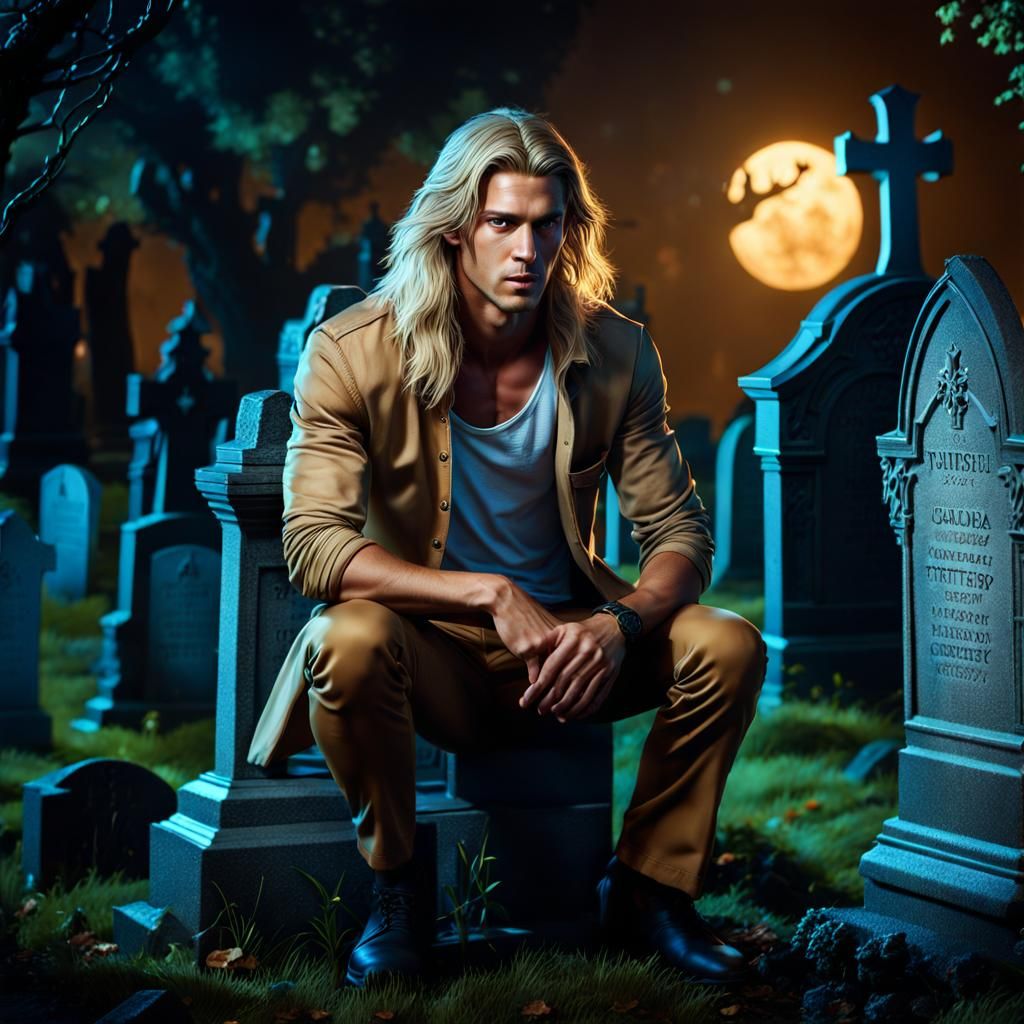 Wiry Man Squatting in Cemetery: Fantasy Concept Art