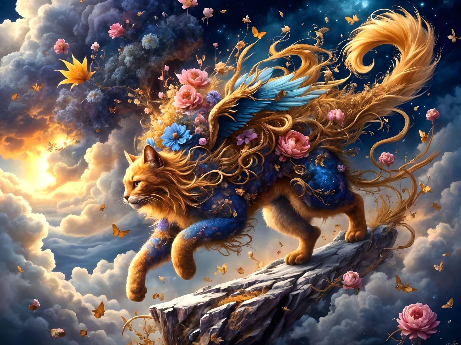 Calico Cat Leaping From Storm Cloud with Blue Wings