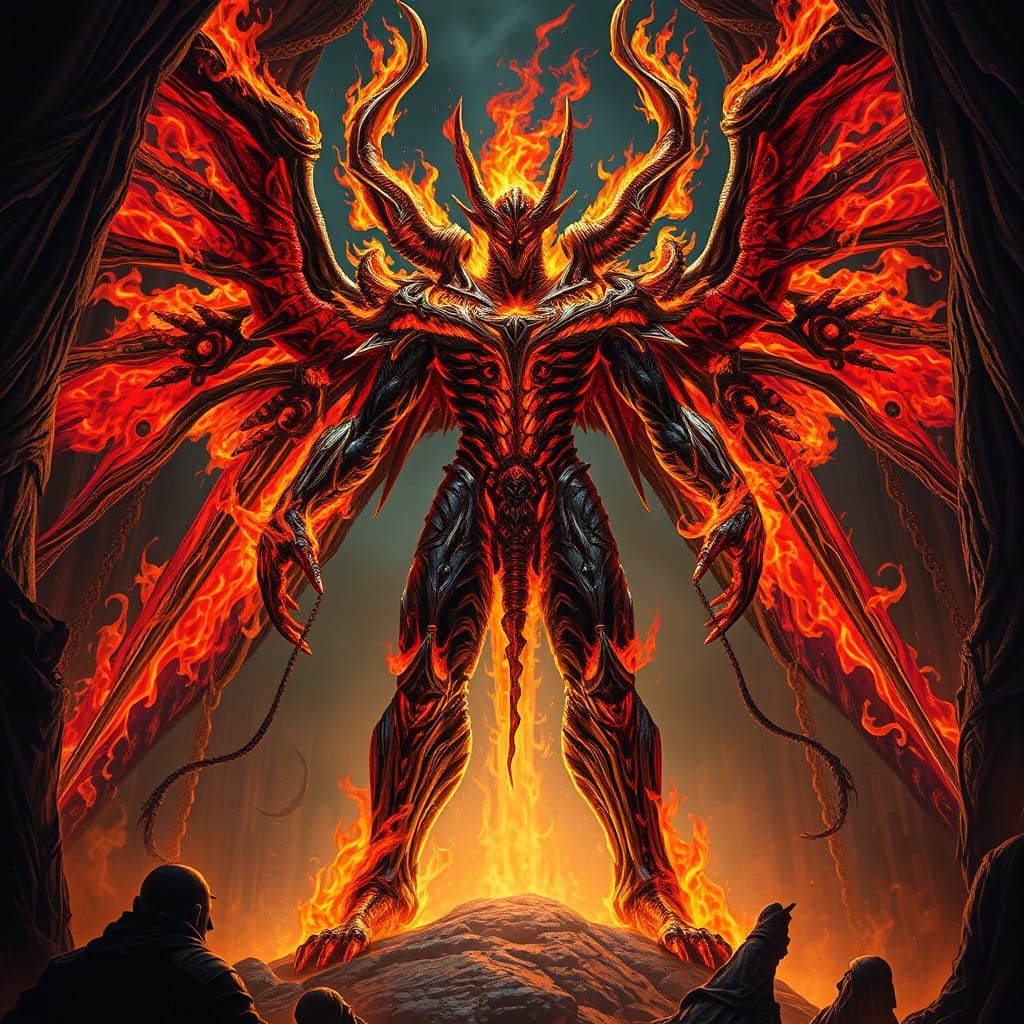 Majestic Primordial Guardian in Fiery, Biomechanical Glory