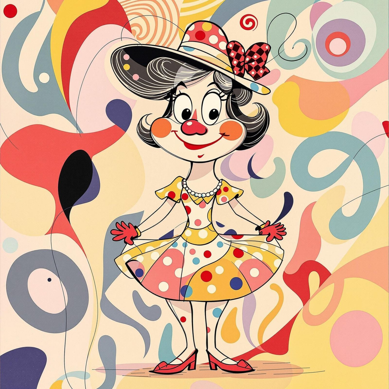 Whimsical Cartoon Mom in 1930s Polka Dot Style