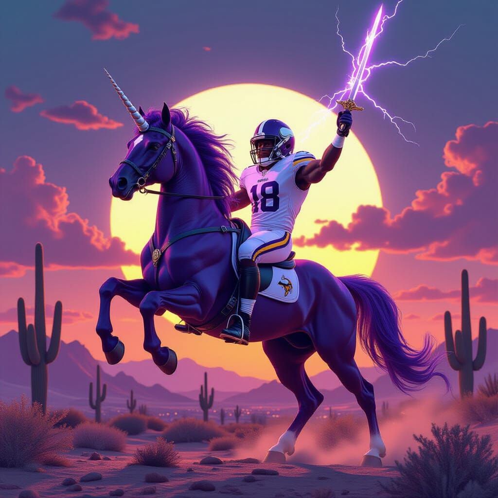 Purple Unicorn Carries Football Player in Fantasy Desert