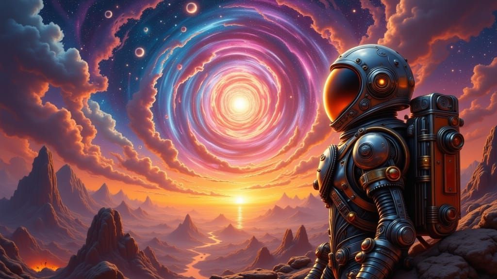 A lone astronaut, clad in ornate s...