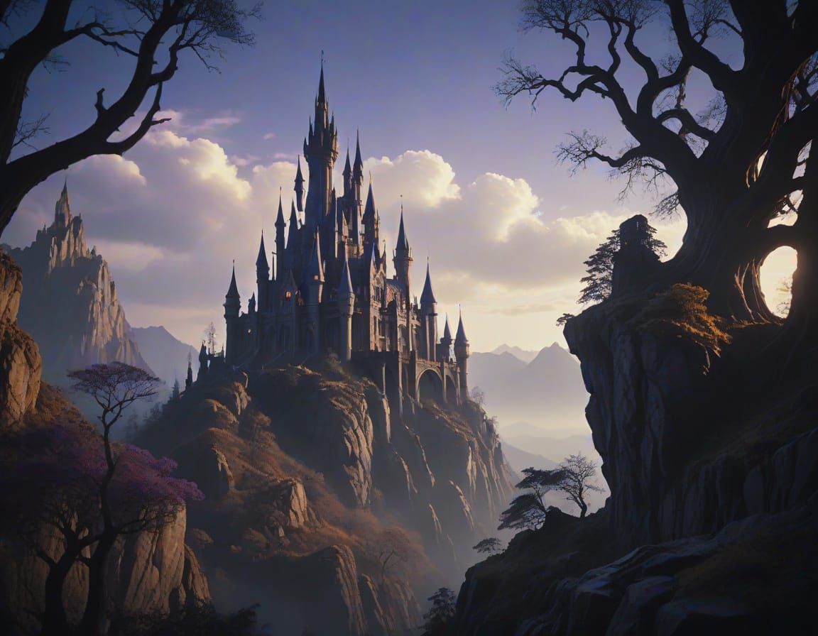 Ethereal Castle Amidst Dark Fantasy Landscape