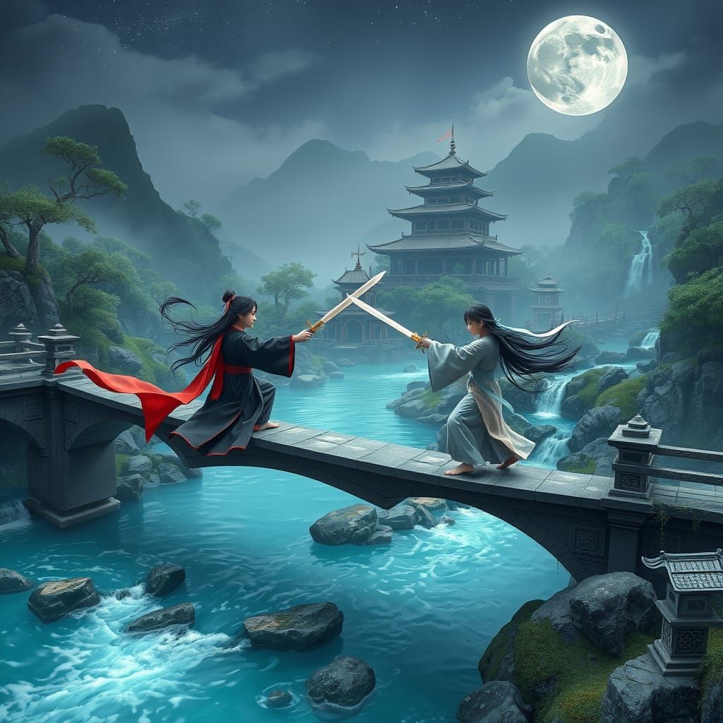 Ethereal East Asian Duelists on Ancient Bridge