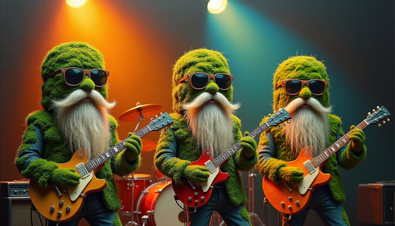 Mossy Rock Band Performs On Stage in Surreal Style