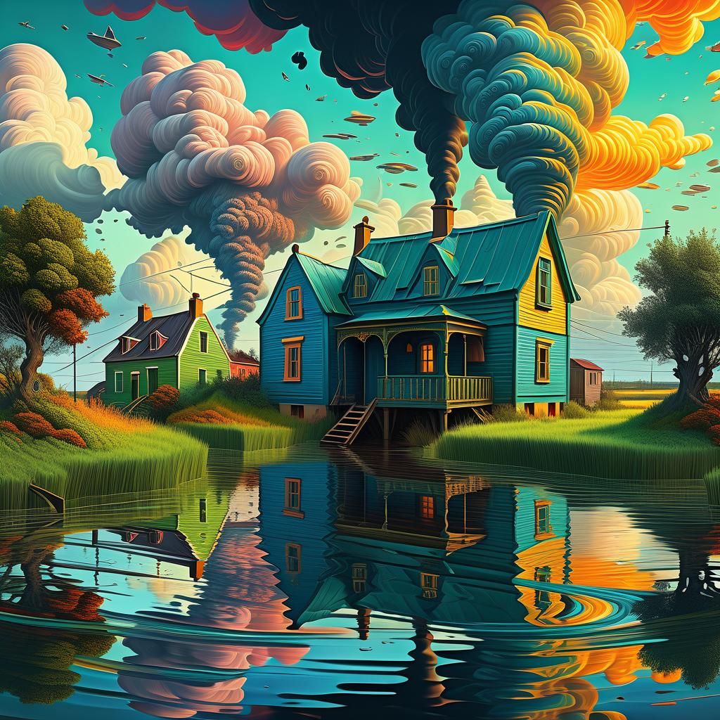 Surreal Tornado Landscape with Flooded Islands