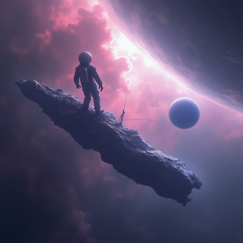 Astronaut Drifting Near Derelict Spaceship in Deep Space