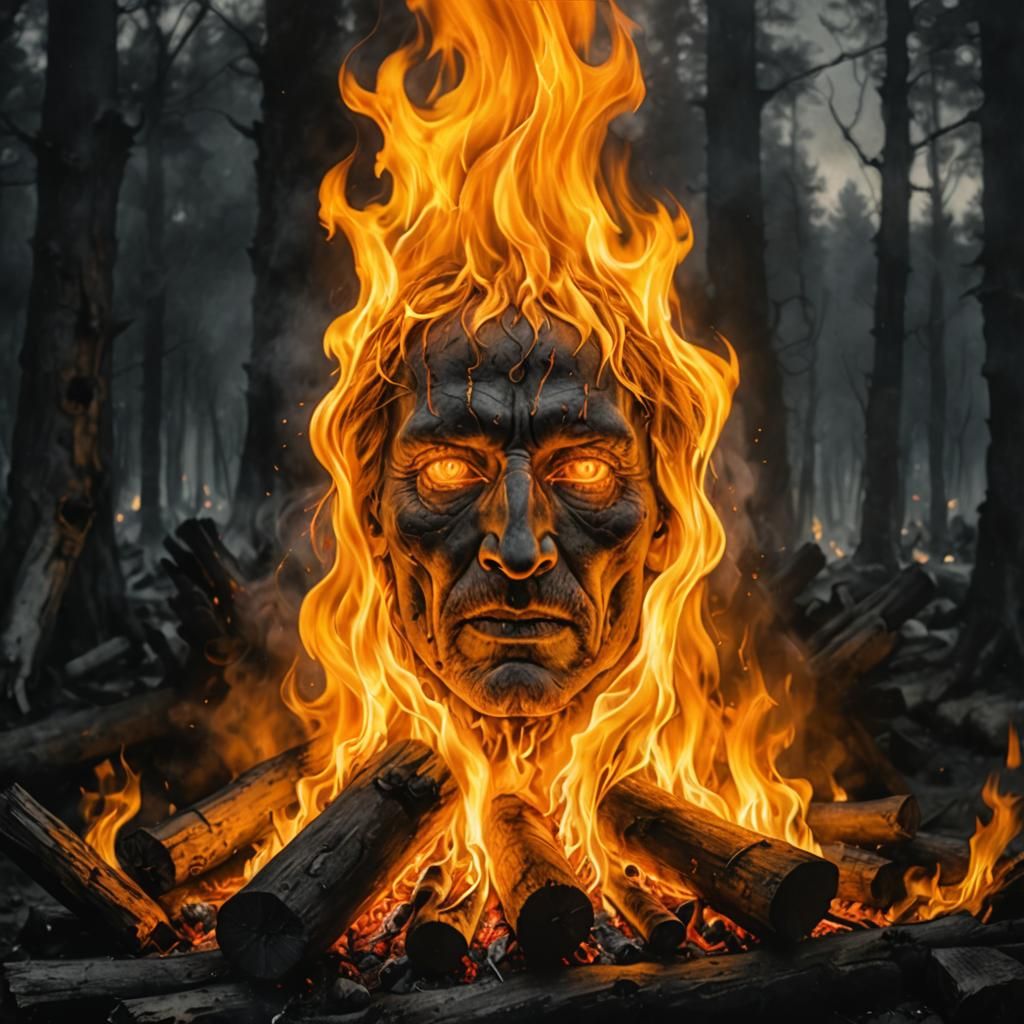 Flame Elemental Face in Charcoal Drawing