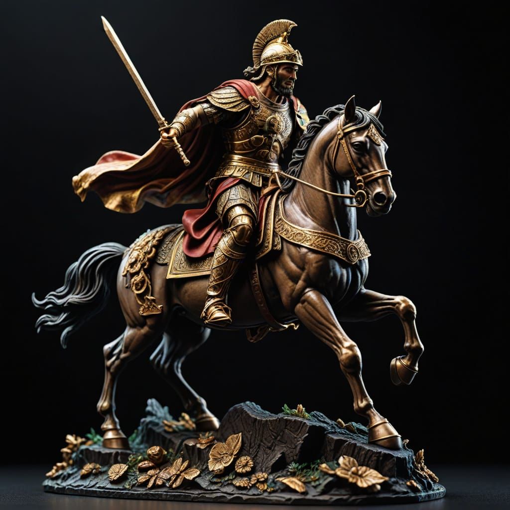 Golden Roman Warlord Figurine on Dark Horseback