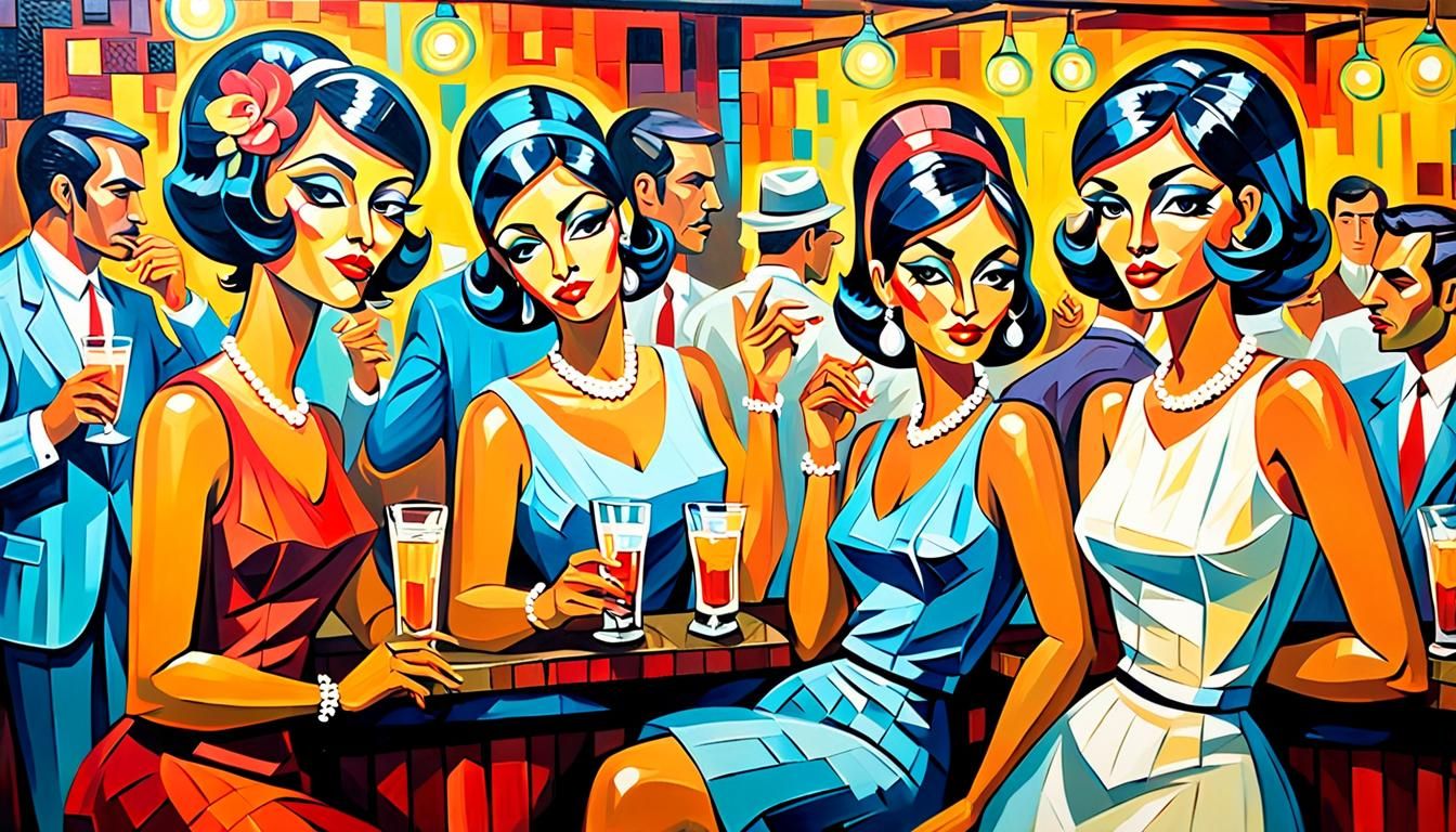 Cuban Women in Jazz Bar, Neo-Cubism Art