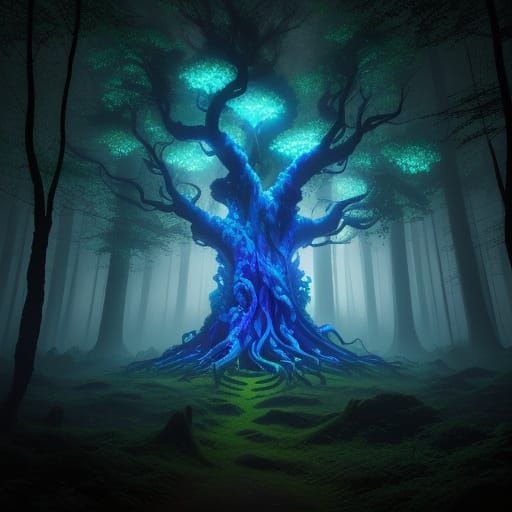 Surreal Forest Masterpiece with Glowing Tree and Mushrooms