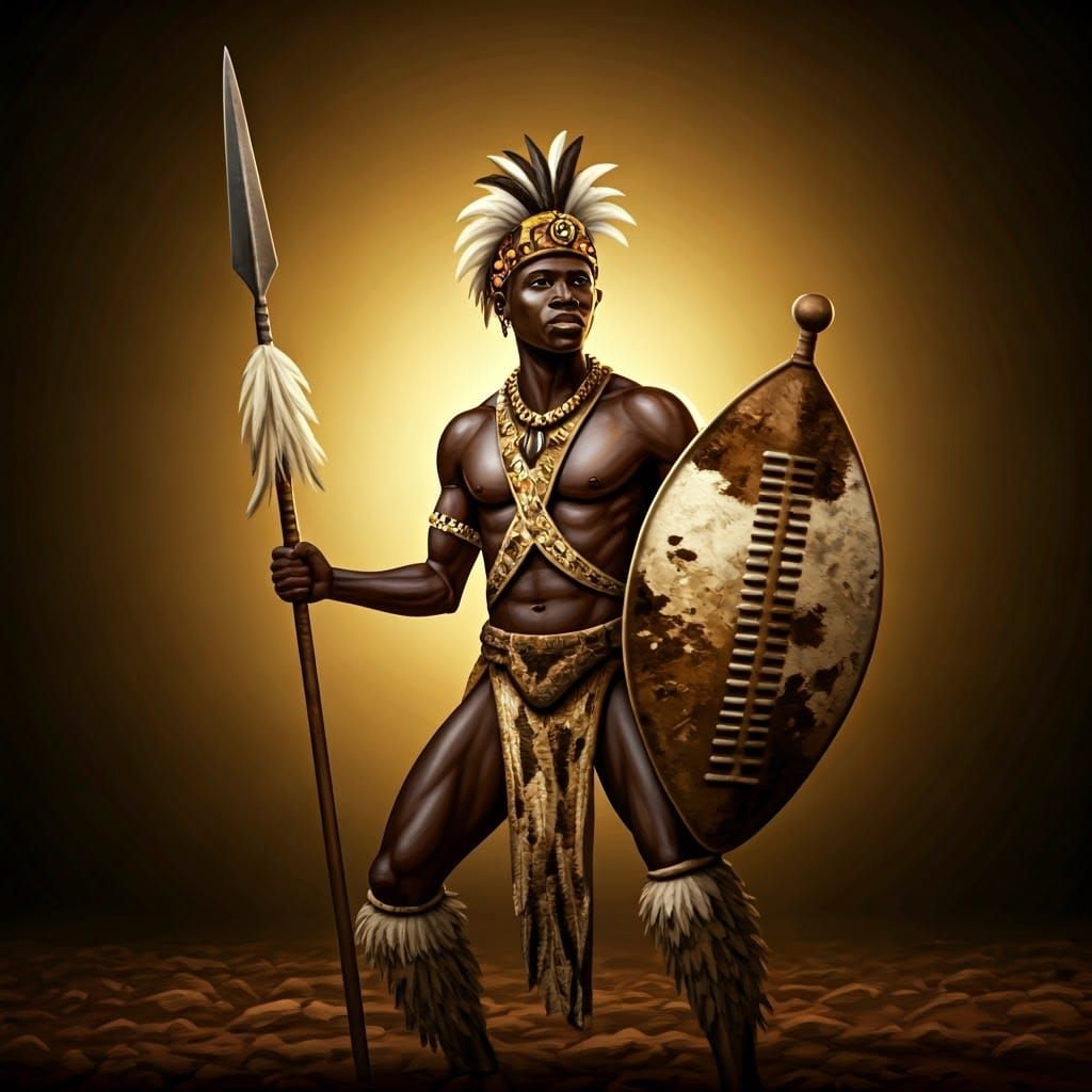 African Zulu Warrior in Traditional Regalia, Shield and Spea...