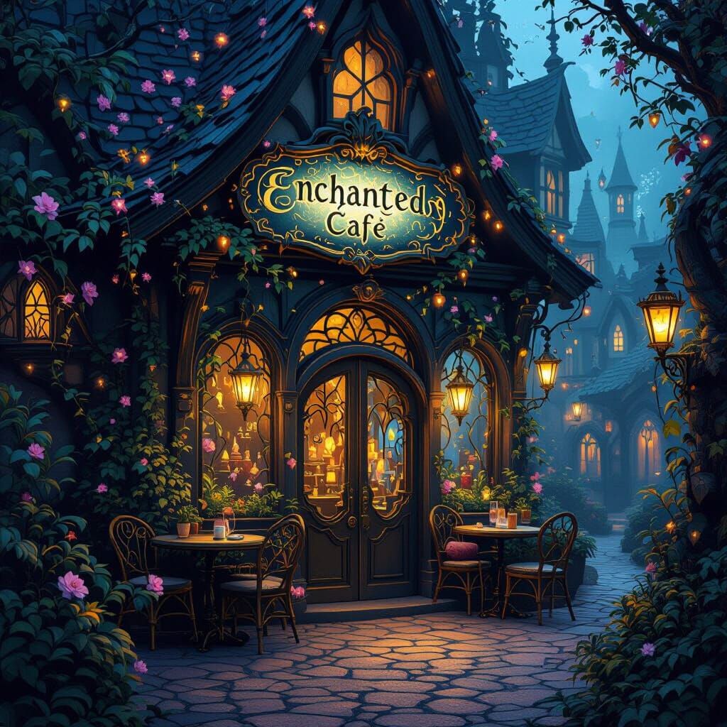 Enchanted Cafe in Fairytale Dark Fantasy Art