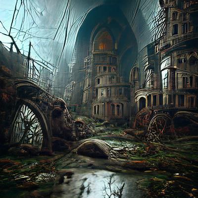 Sinister Abandoned City in Dark Fantasy Style