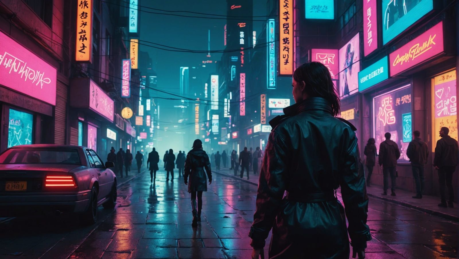 Girl Walks Cyberpunk City Street with Neon Lights