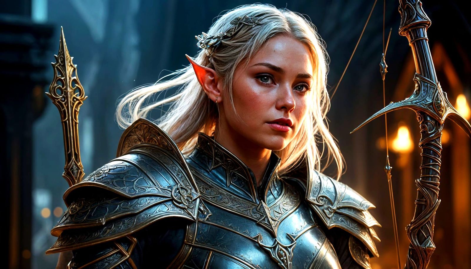 Elven Warrior Woman with Gleaming Bow in Fantastical Art Sty...