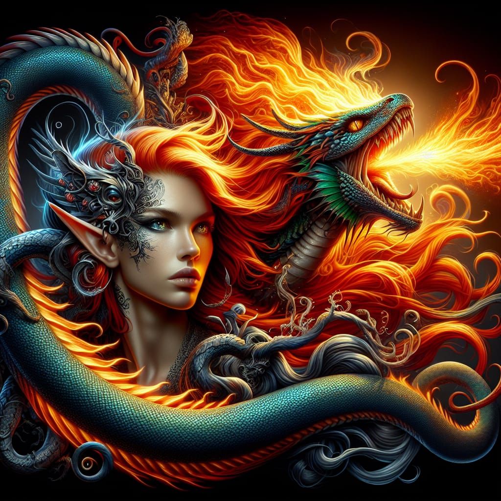Elven Maiden's Fiery Battle with Serpent