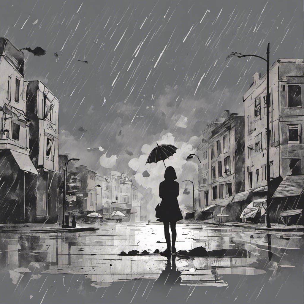 Artistic Silhouette of Girl Drawing in Rain