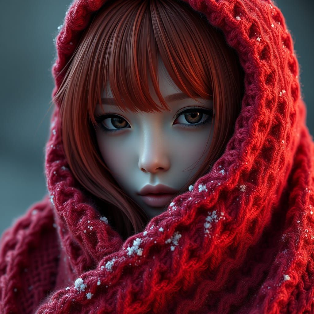 Sexy Anime Girl Wrapped in Red Knitted Blanket