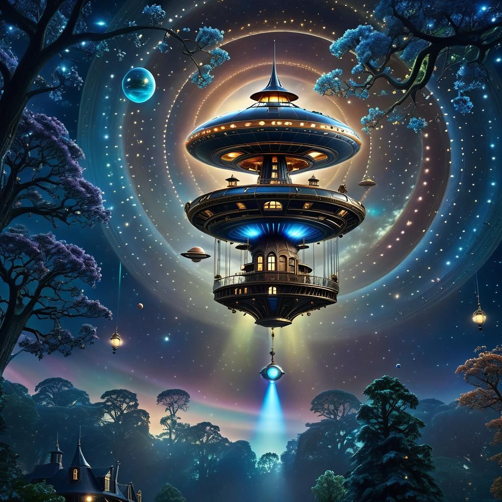 Surreal Steampunk Spaceship Treehouse in Deep Space