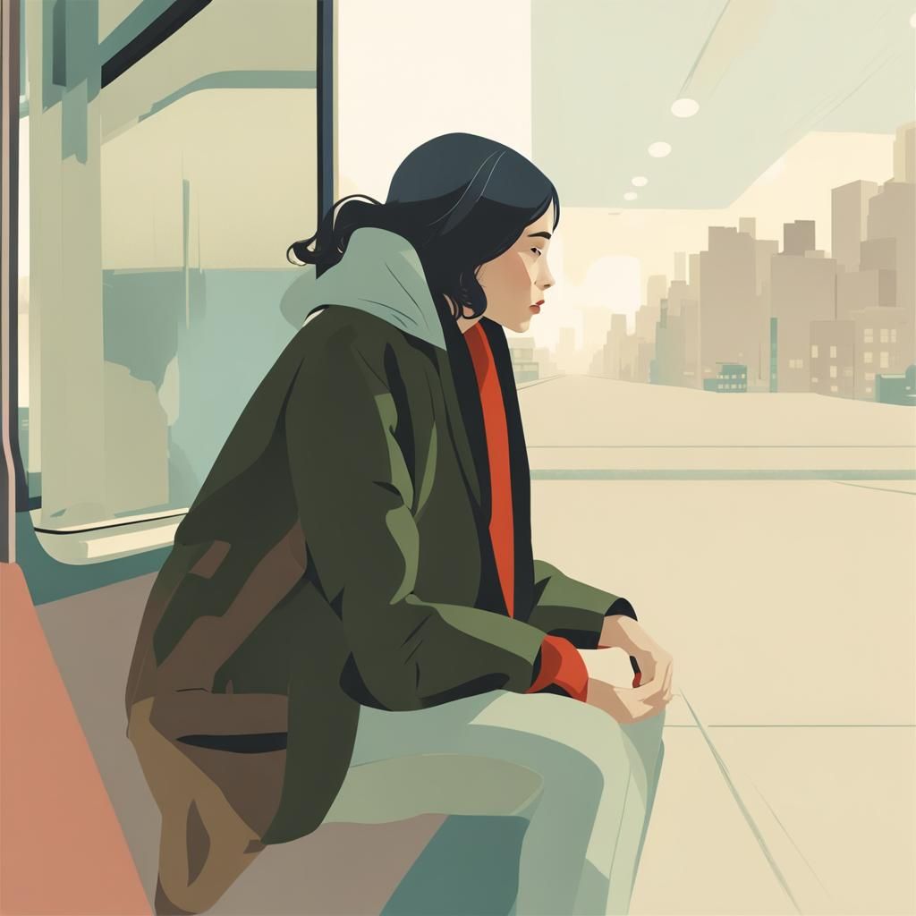 Young Woman on Subway in Pastel Colors