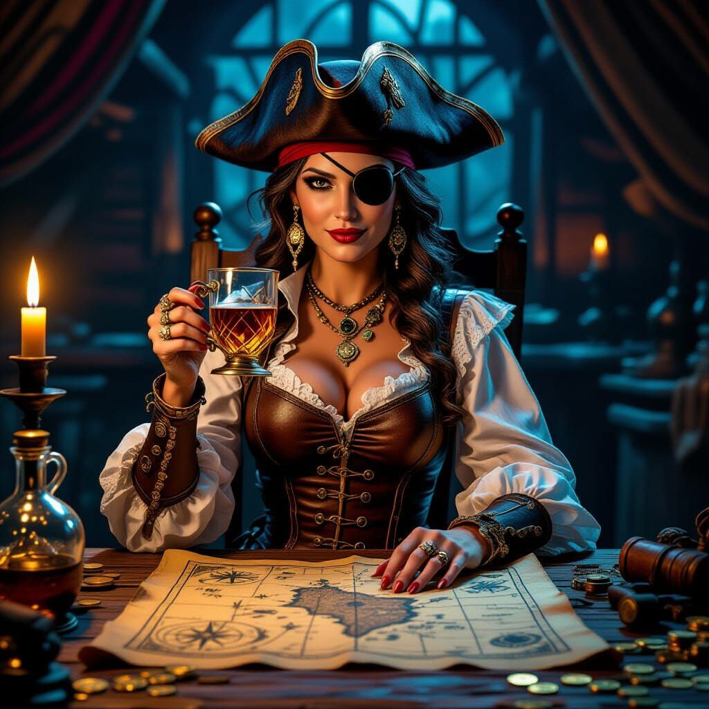 One-Eyed Pirate Captain Planning Raid in Dimly Lit Cabin