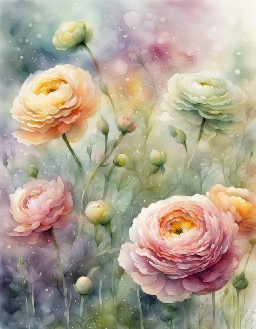 Ethereal Macro Ranunculus Watercolour and Ink