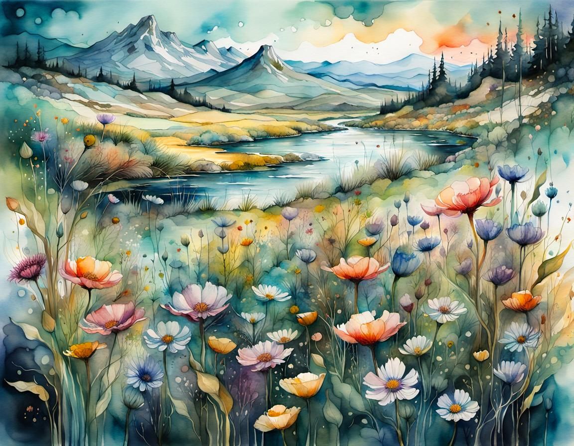 Twilight Flower Meadow: Detailed Watercolor Illustration