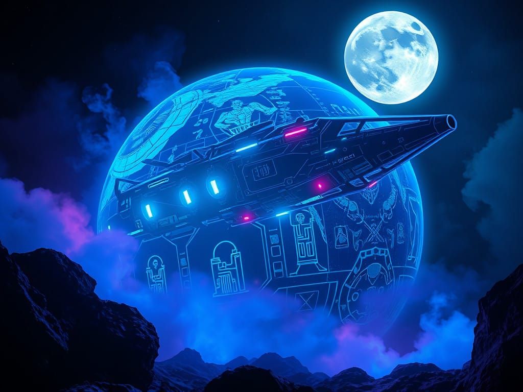 Cyberpunk Masterpiece: Neon Spaceship Hologram