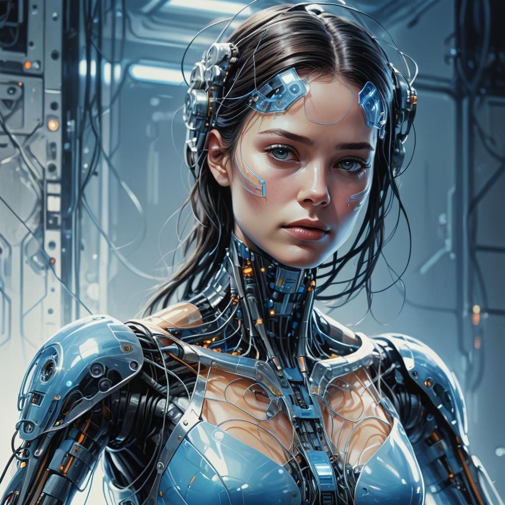 Robot Woman with Glowing Circuitry: Digital Oil Painting