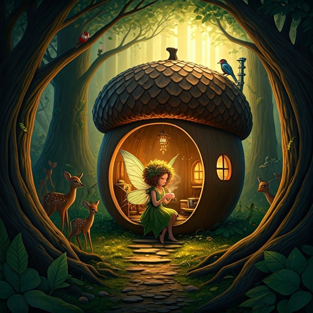 Enchanted Fairy in Acorn Home, Fantasy Art