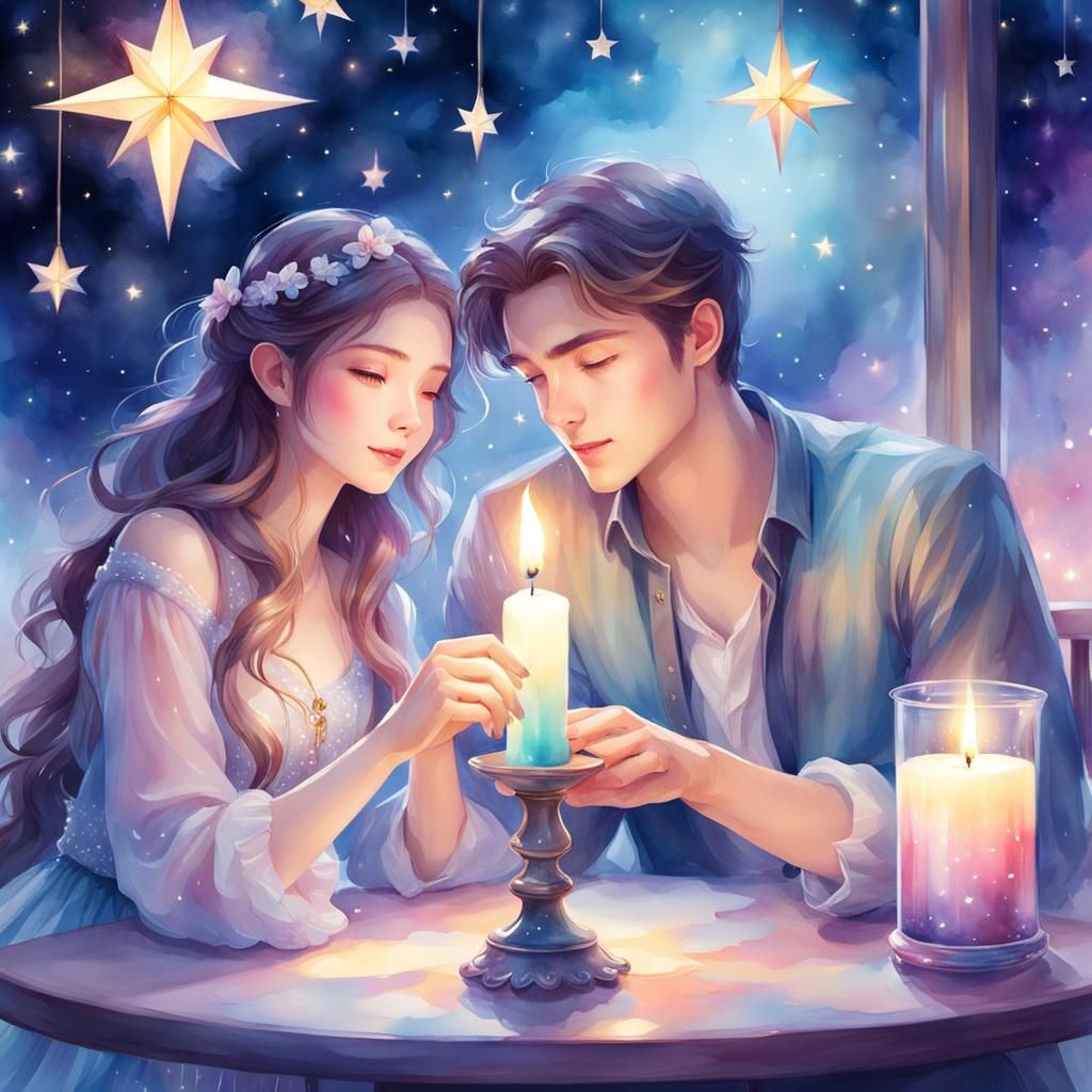 Romantic Couple in Mystical Watercolor Painting