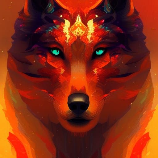 Mystical Ember Wolf Portrait in Hyperdetailed Style