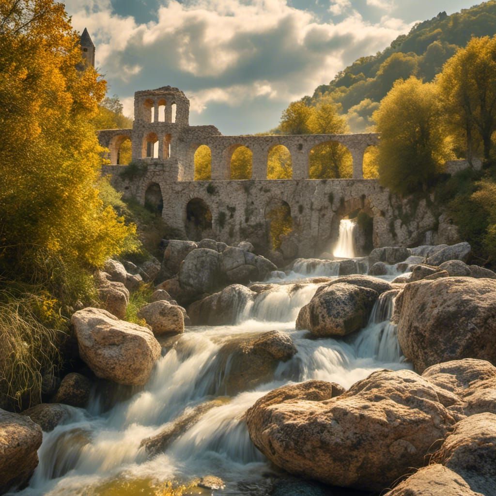 Aqueduct Over Tarn River in Pebble Art Style