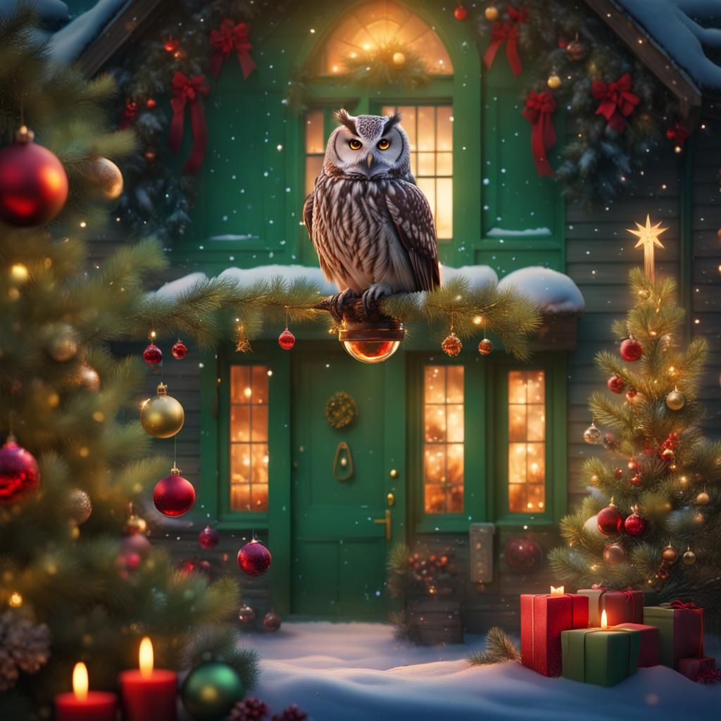 Festive Christmas Owl Decoration in a Maximalist Style