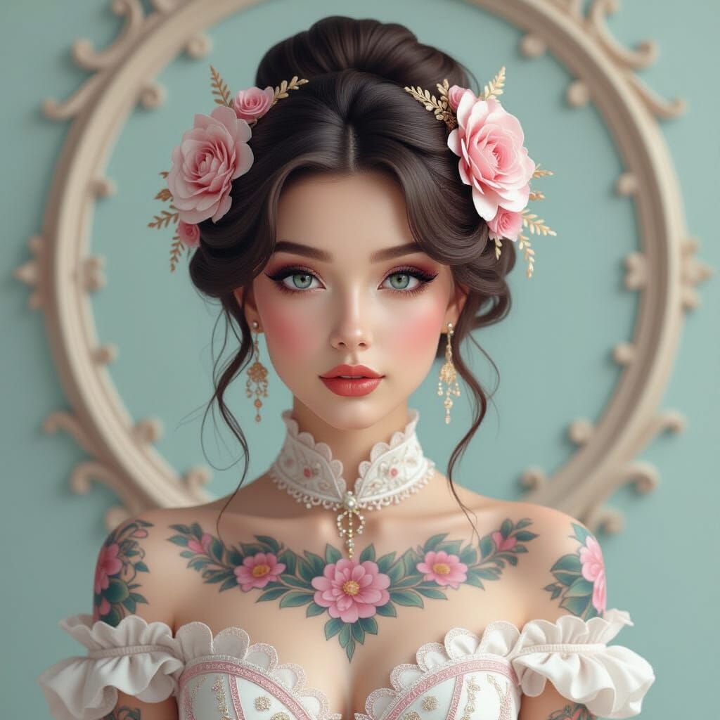 Tattooed Woman in Rococo Art Nouveau Style