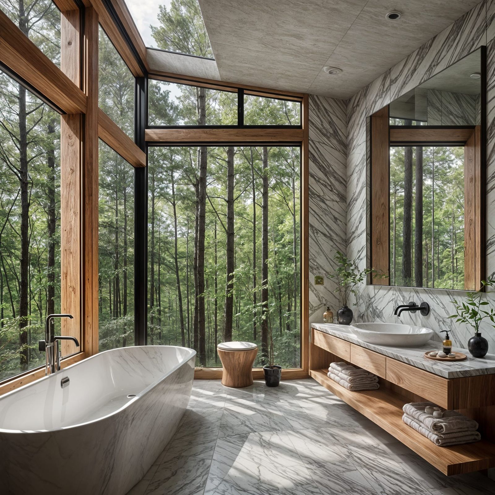 Japandi Bathroom Design with Forest View