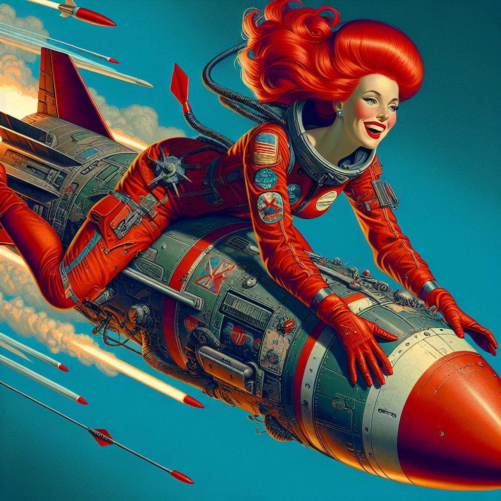 Redhead Rides Missile in 1960s Pin-Up Style