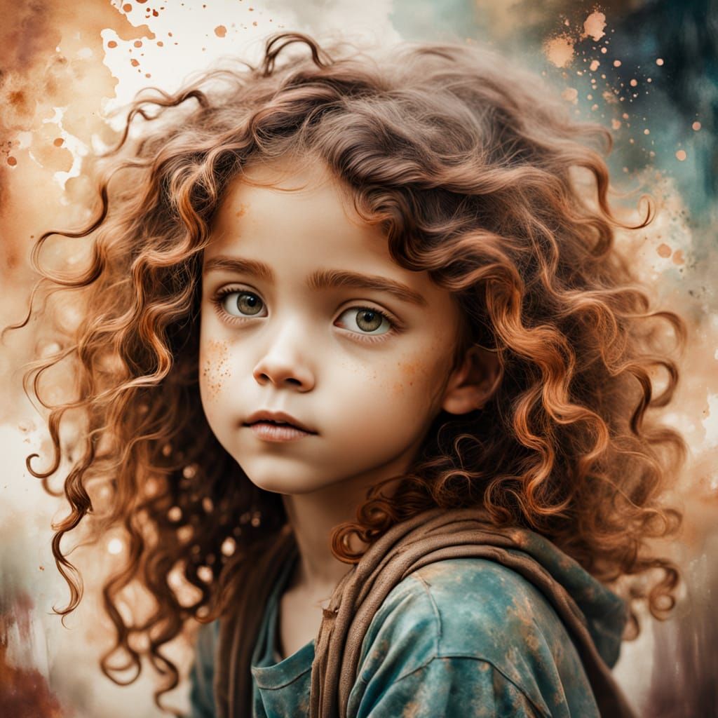 Bohemian Child Portrait in Ink Wash Style