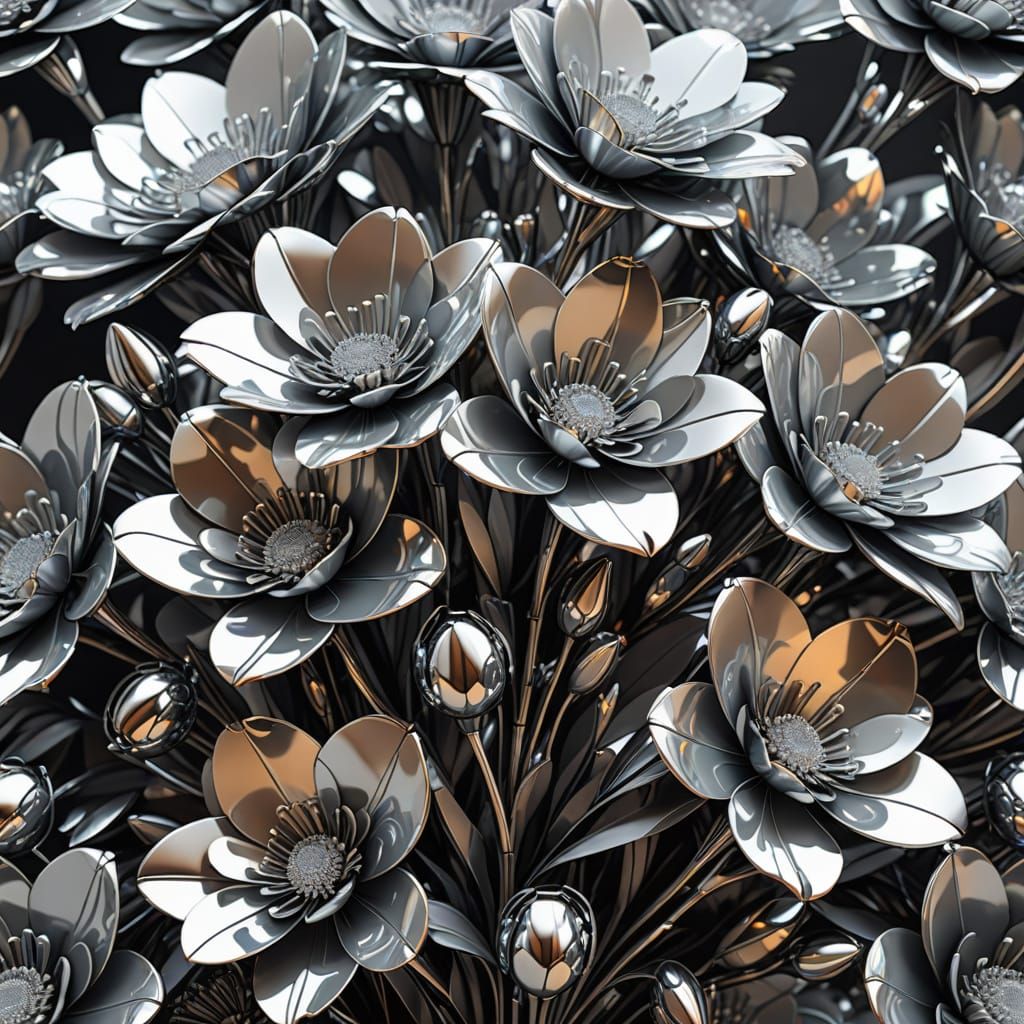 Majestic Chrome Flowers in Hyper-Realistic Digital Art
