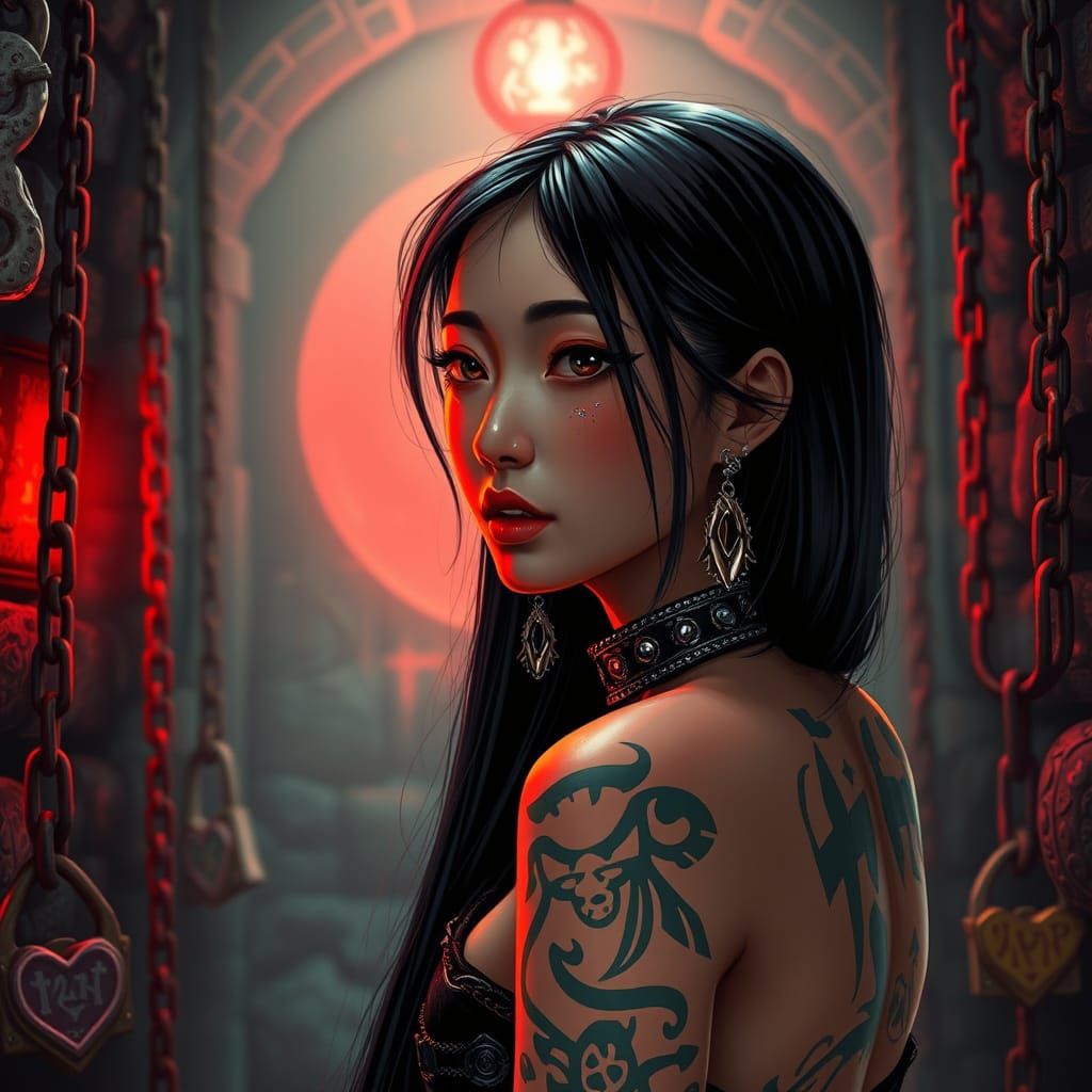 Girl in Chains, Whimsical Dungeon Setting, Candy Art Style