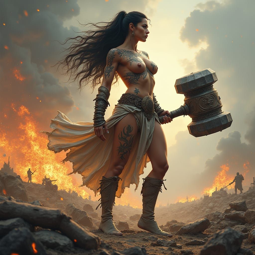 Statuesque Runic Warrior with Warhammer in Fantasy Landscape