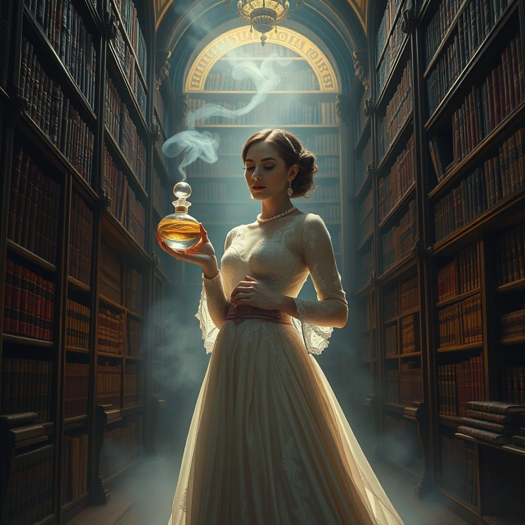 Vintage Library Scene: Woman with Crystal Perfume Bottle