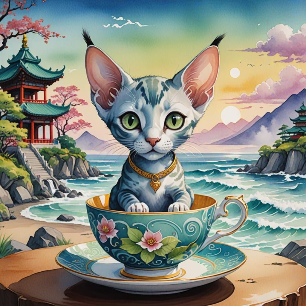 Kitten in Teacup: Asian Fantasy Watercolor Art